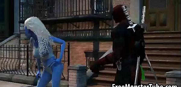  Blue skinned 3D babe gives Deadpool a blowjob